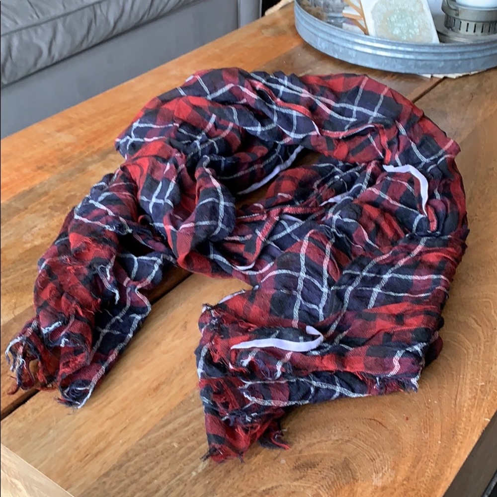 Red and black plaid scarf with white accent